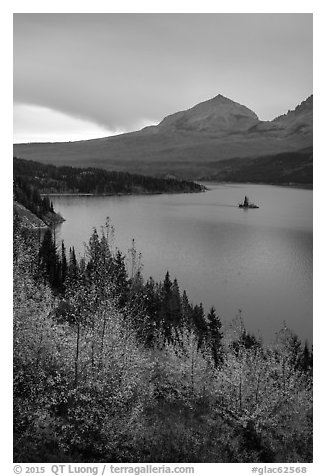 Saint Mary Lake and Wild Goose Island in autumn. Glacier National Park (black and white)