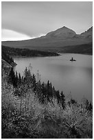 Saint Mary Lake and Wild Goose Island in autumn. Glacier National Park ( black and white)
