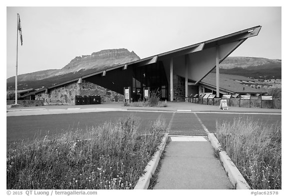 Saint Mary visitor center. Glacier National Park (black and white)