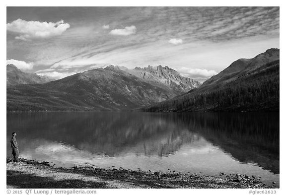 Visitor looking, Kintla Lake. Glacier National Park (black and white)