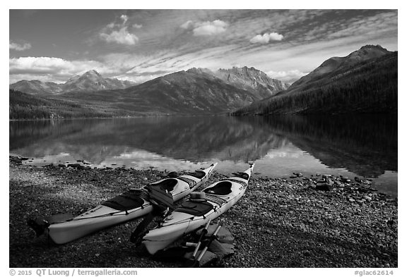 Kayaks on shore, Kintla Lake. Glacier National Park (black and white)