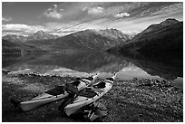 Kayaks on shore, Kintla Lake. Glacier National Park ( black and white)