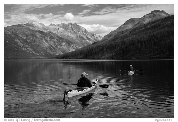 Two kayakers on Kintla Lake. Glacier National Park (black and white)