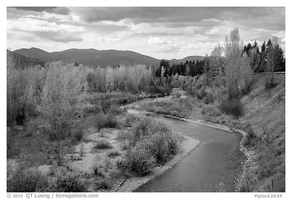 North Fork of Flathead River in autumn. Glacier National Park (black and white)