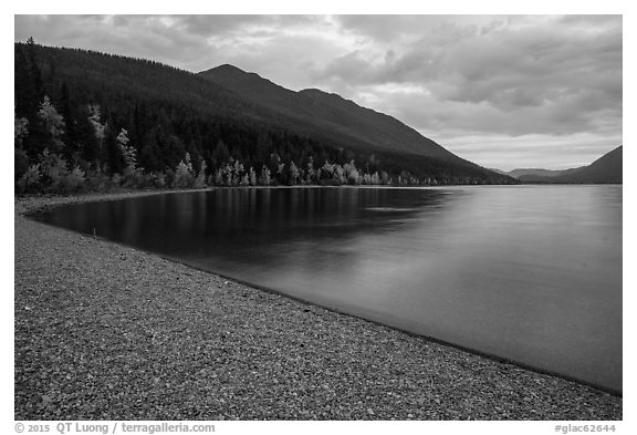 Gravel beach in autumn, Lake McDonald. Glacier National Park (black and white)