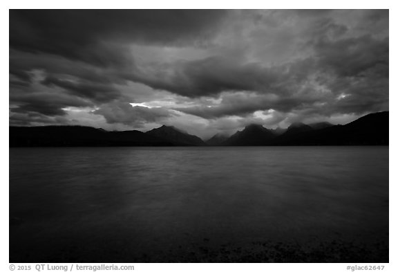Ominous atmosphere on Lake McDonald at dawn. Glacier National Park (black and white)