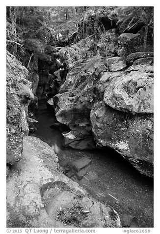 Avalanche Creek with low flow of autumn. Glacier National Park (black and white)