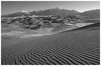 Dune field and Sangre de Christo mountains in winter. Great Sand Dunes National Park, Colorado, USA. (black and white)