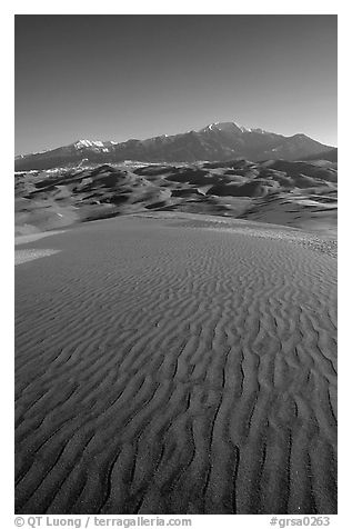 Sand ripples and Sangre de Christo mountains in winter. Great Sand Dunes National Park and Preserve (black and white)
