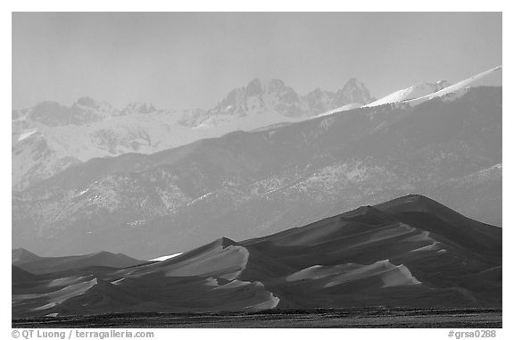 Distant view of the dune field and Sangre de Christo mountains at sunset. Great Sand Dunes National Park and Preserve (black and white)