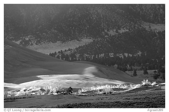 Storm light illuminates portions of the dune field. Great Sand Dunes National Park and Preserve (black and white)
