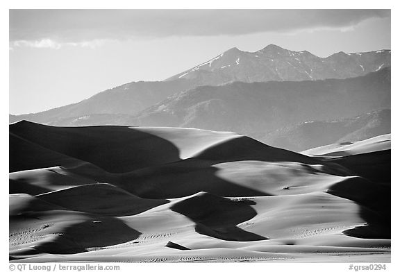Distant view of dunes and Sangre de Christo mountains in late afternoon. Great Sand Dunes National Park and Preserve (black and white)