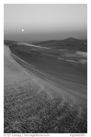 Dunes at dawn with snow and moon. Great Sand Dunes National Park and Preserve (black and white)