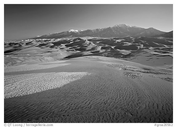 Sand dunes with snow patches and Sangre de Christo range. Great Sand Dunes National Park and Preserve (black and white)
