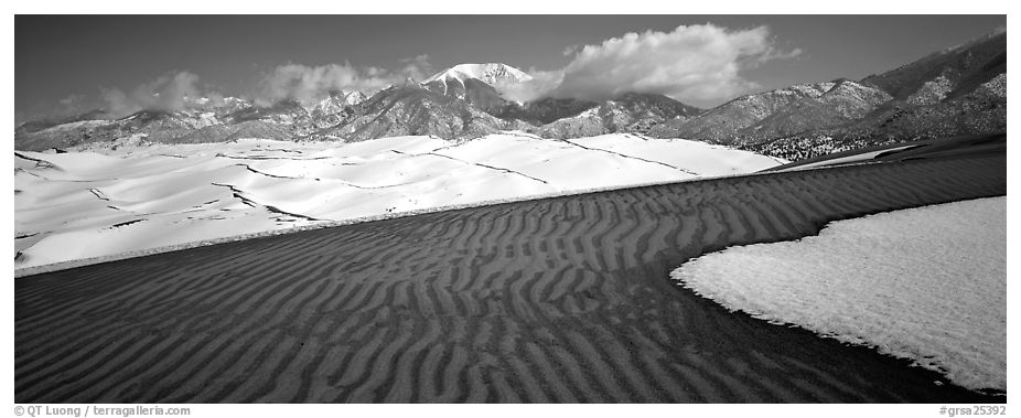 Scenic view of dunes in winter. Great Sand Dunes National Park and Preserve (black and white)
