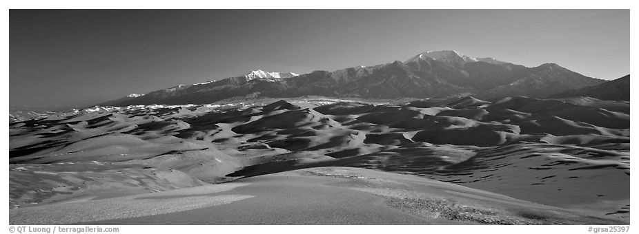 Sand dunes and Sangre de Christo mountains in winter. Great Sand Dunes National Park and Preserve (black and white)