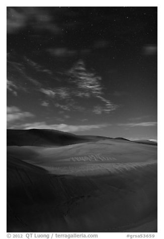 Dunes with starry sky at night. Great Sand Dunes National Park and Preserve (black and white)