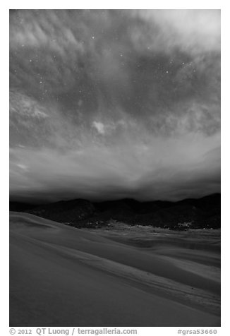Dunes, moonlit clouds, and stars. Great Sand Dunes National Park and Preserve (black and white)