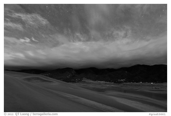 Dunes and clouds at night. Great Sand Dunes National Park and Preserve (black and white)