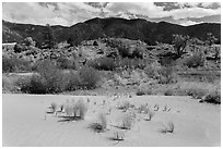 Dune sand, creek, grasslands, and mountains in autumn. Great Sand Dunes National Park, Colorado, USA. (black and white)