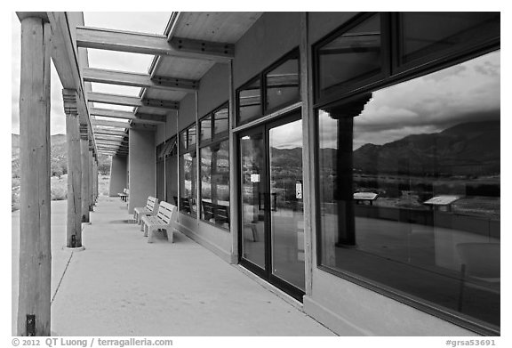Visitor center and reflections in large windows. Great Sand Dunes National Park and Preserve (black and white)