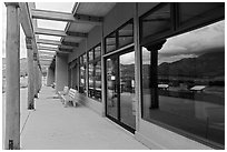 Visitor center and reflections in large windows. Great Sand Dunes National Park and Preserve ( black and white)