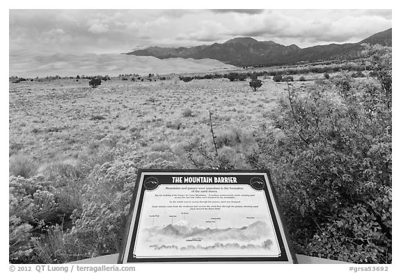 Dune field interpretative sign. Great Sand Dunes National Park and Preserve (black and white)