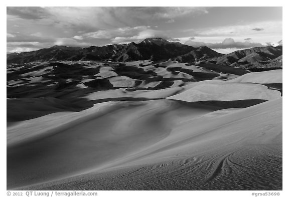 Dune field and Sangre de Cristo mountains at sunset. Great Sand Dunes National Park and Preserve (black and white)