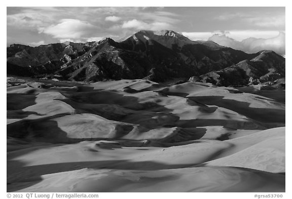 Last light tover dune field and Mount Herard. Great Sand Dunes National Park and Preserve (black and white)