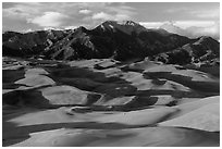 Last light over dune field and Mount Herard. Great Sand Dunes National Park, Colorado, USA. (black and white)