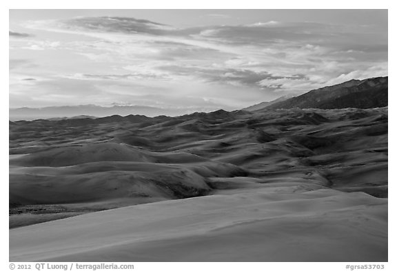 Dunes and sunset clouds. Great Sand Dunes National Park and Preserve (black and white)