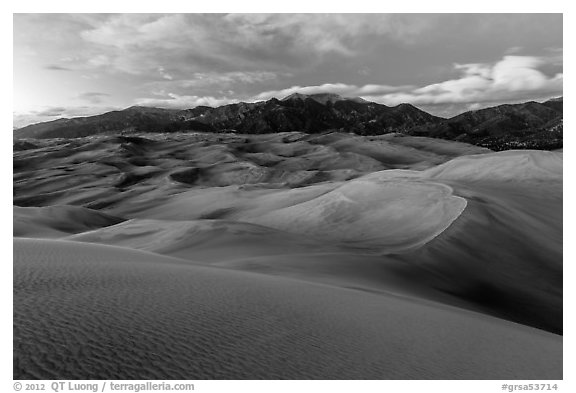 Dunes and Sangre de Cristo mountains at dusk. Great Sand Dunes National Park and Preserve (black and white)
