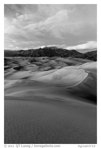 Dunes and Mount Herard at dusk. Great Sand Dunes National Park and Preserve (black and white)
