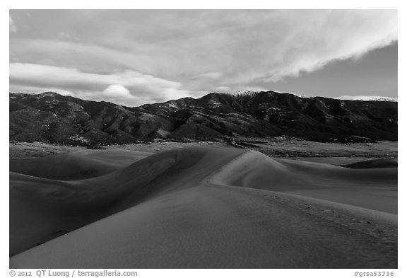 Dunes and Mount Zwischen at dusk. Great Sand Dunes National Park and Preserve (black and white)