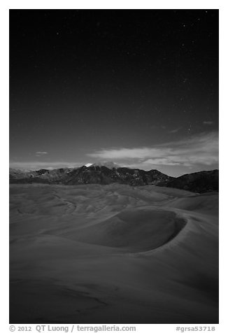 Dunes and Sangre de Cristo Mountains at night. Great Sand Dunes National Park and Preserve (black and white)