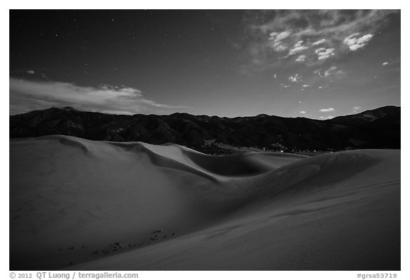 Dunes and mountains at night. Great Sand Dunes National Park and Preserve (black and white)