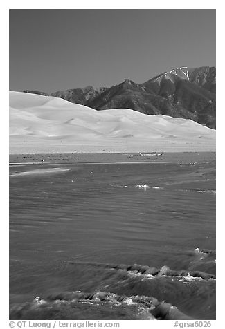 Medano creek, Sand Dunes, and Sangre de Cristo Mountains. Great Sand Dunes National Park and Preserve (black and white)