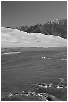 Medano creek, Sand Dunes, and Sangre de Cristo Mountains. Great Sand Dunes National Park and Preserve ( black and white)