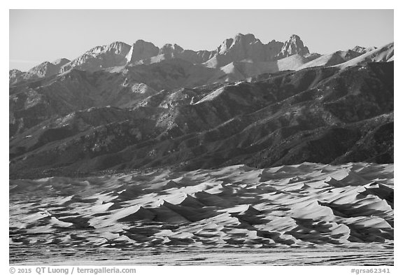 Distant Dunefield and Sangre de Cristo Range. Great Sand Dunes National Park and Preserve (black and white)