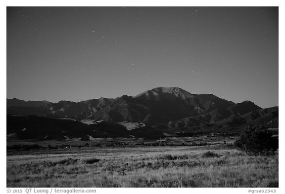 Dunefield and Mount Herard at night. Great Sand Dunes National Park and Preserve (black and white)