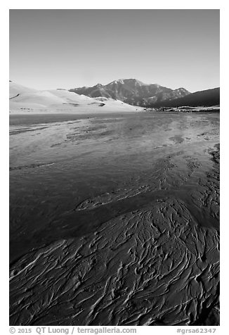 Shallow Medano Creek and sand patterns. Great Sand Dunes National Park and Preserve (black and white)