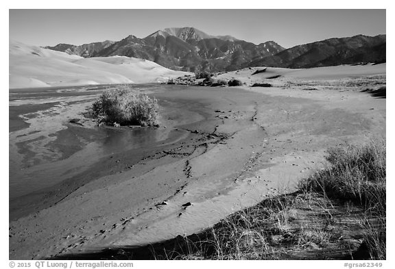 Banks of flowing Medano Creek, dunes and mountains. Great Sand Dunes National Park and Preserve (black and white)