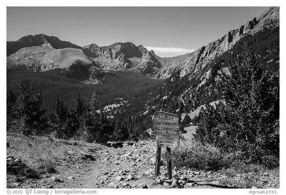 Trail and Sangre de Cristo Wilderness sign. Great Sand Dunes National Park and Preserve (black and white)