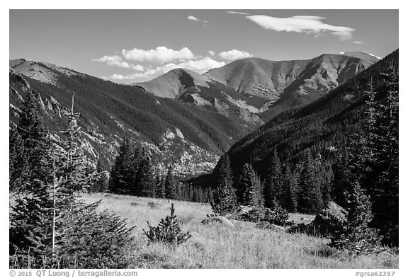 Sand Creek Valley and Mount Herard. Great Sand Dunes National Park and Preserve (black and white)