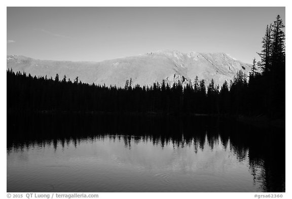 Mountain reflection and line of trees, Sand Creek Lake. Great Sand Dunes National Park and Preserve (black and white)