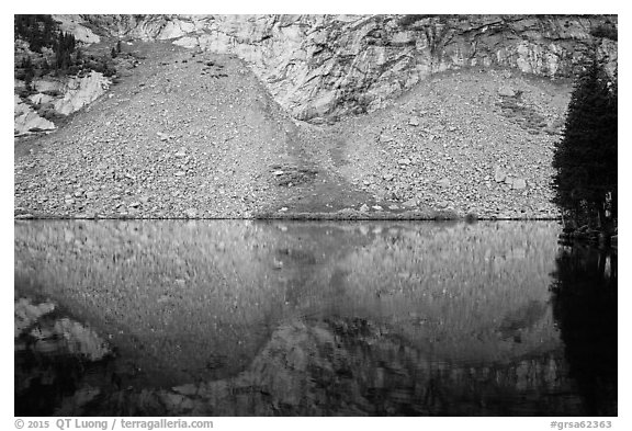 Rock talus reflected in Lower Sand Creek Lake. Great Sand Dunes National Park and Preserve (black and white)