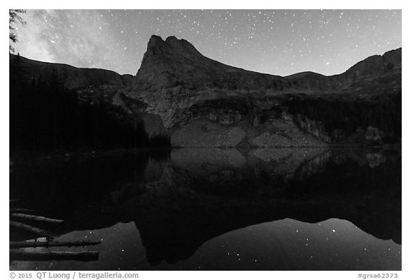 Tijeras Peak above Lower Sand Creek Lake at night. Great Sand Dunes National Park and Preserve (black and white)