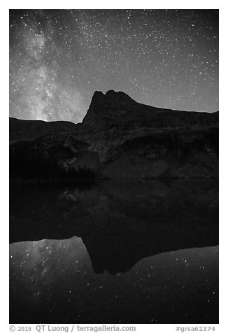 Milky Way, Tijeras Peak reflected in Lower Sand Creek Lake. Great Sand Dunes National Park and Preserve (black and white)
