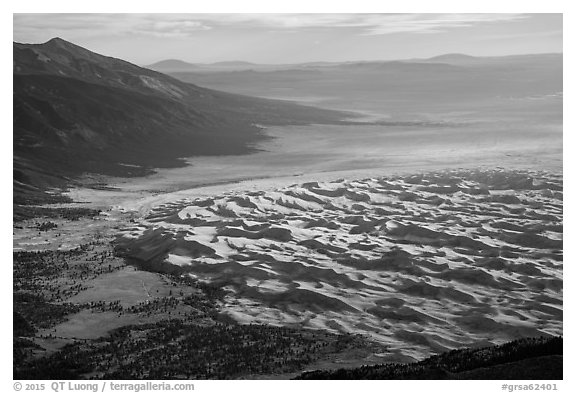 Sangre de Cristo Mountains and dune field from above. Great Sand Dunes National Park and Preserve (black and white)