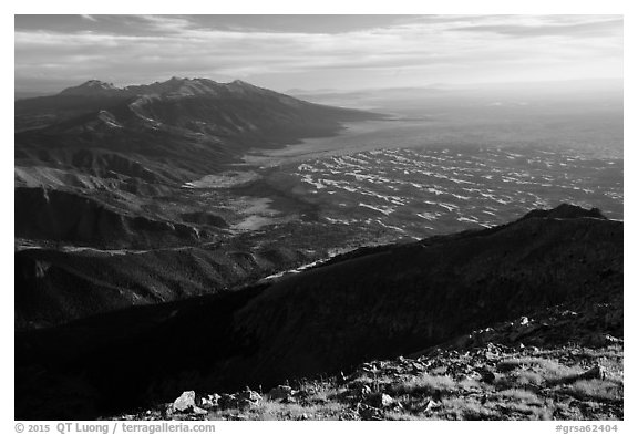 Dune field seen from alpine summit of Mount Herard. Great Sand Dunes National Park and Preserve (black and white)